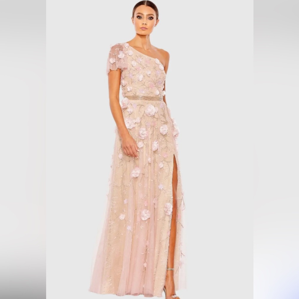 New Mac Duggal pink floral embellished, one shoulder a line gown size 16